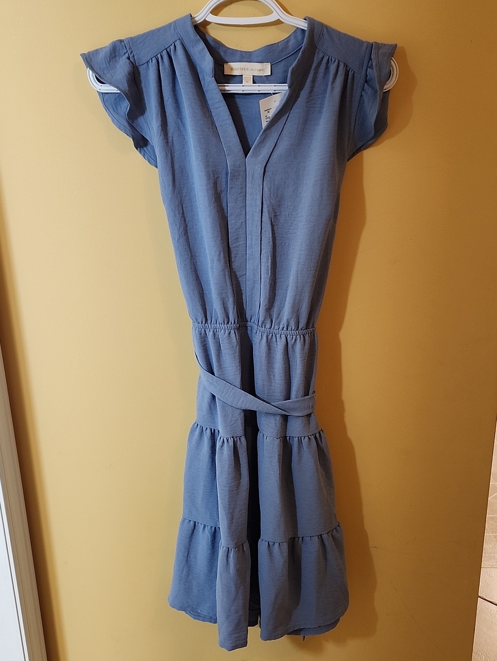 Monteau Los Angeles Blue Midi Dress with Flutter Sleeves